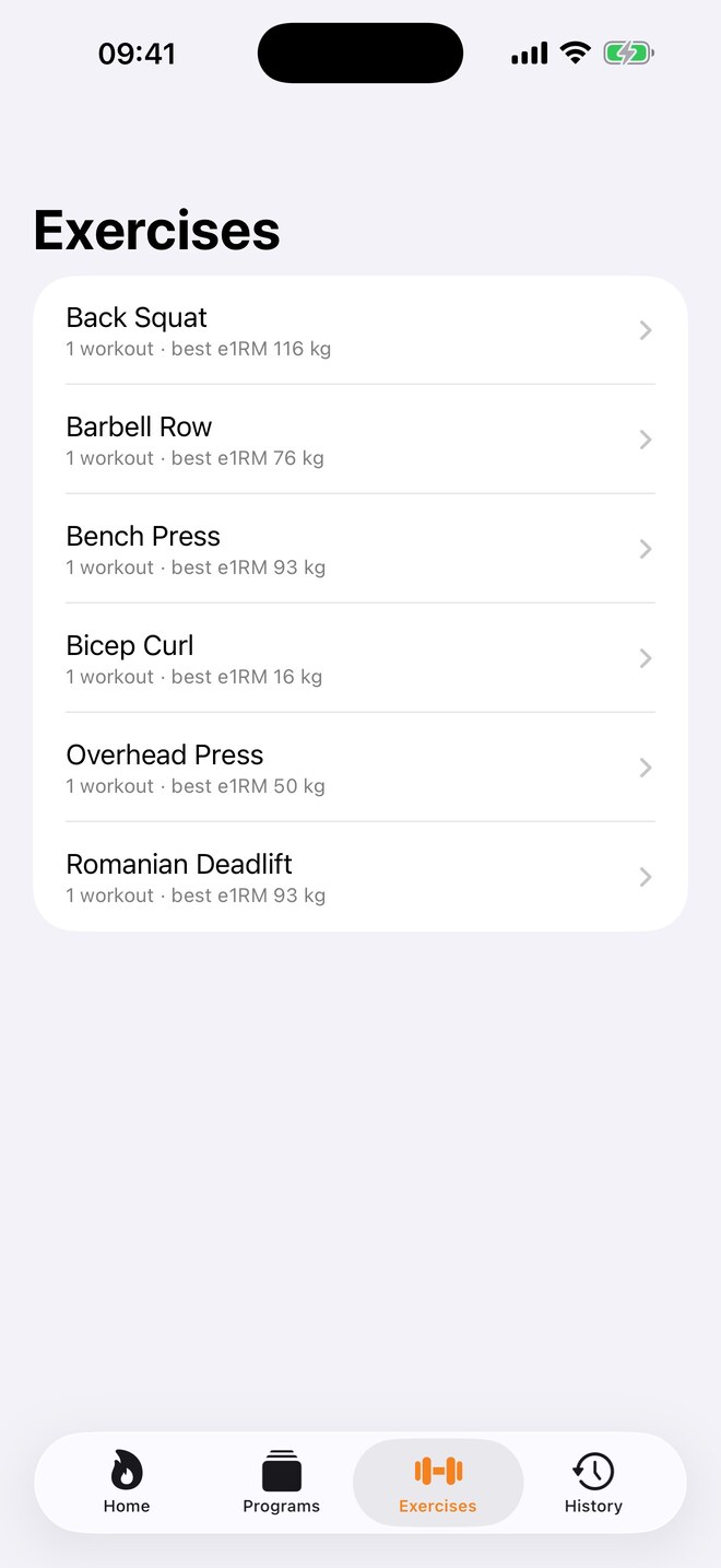 The exercise library on iPhone: Back Squat, Barbell Row, Bench Press, Bicep Curl, Overhead Press and Romanian Deadlift, each with its workout count and best estimated 1RM