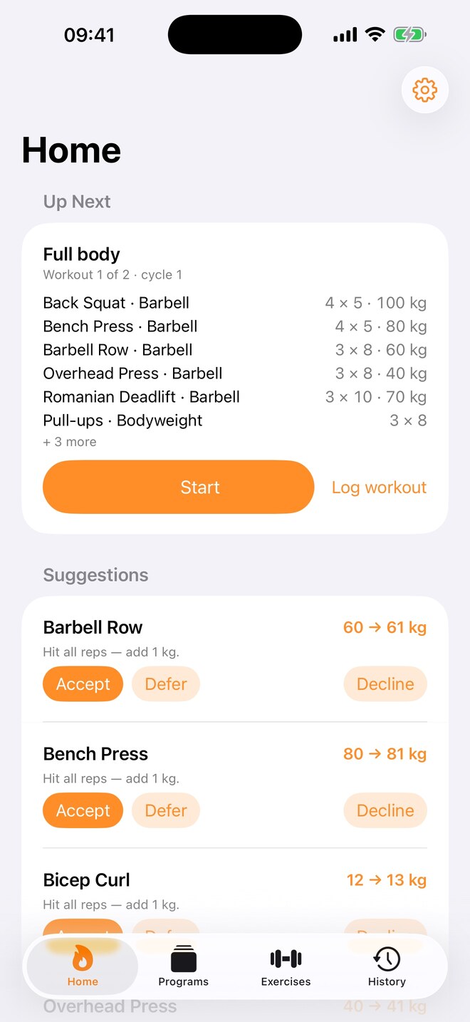 Meter Burn Home on iPhone: an Up Next card listing the workout's exercises with sets, reps and loads, above three progression suggestions