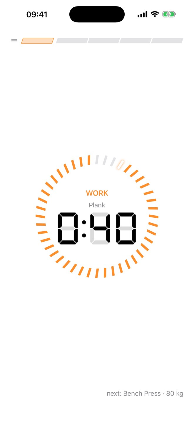 The stage running on iPhone: an orange ring of tick cells around a 0:40 seven-segment countdown for a timed Plank, with 'next: Bench Press · 80 kg' below