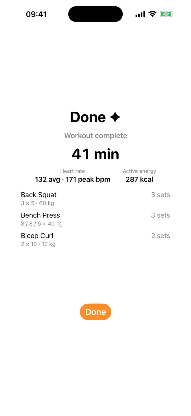 The completion summary on iPhone: Done, 41 min elapsed, 132 average and 171 peak bpm, 287 kcal active energy, and each exercise with its sets