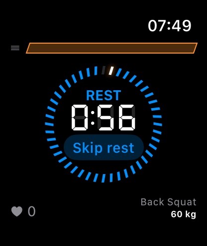 Apple Watch showing REST with a blue ring of tick cells around a 0:56 countdown and a Skip rest button