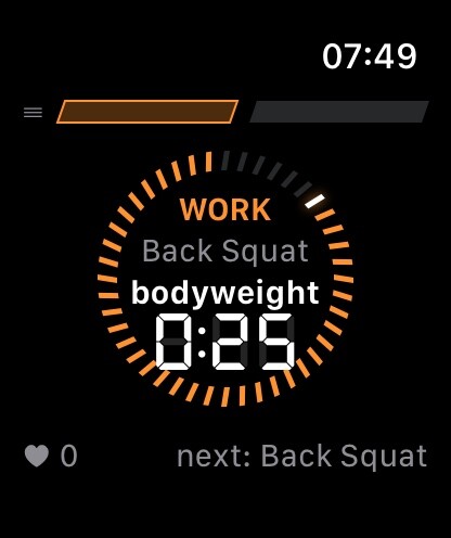 Apple Watch showing WORK, Back Squat at bodyweight, with an orange ring of tick cells around a 0:25 countdown